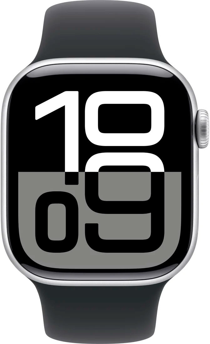 Apple Watch Series 10 42 мм (алюминиевый корпус, серебристый/черный, спортивный силиконовый ремешок) — изображение 2