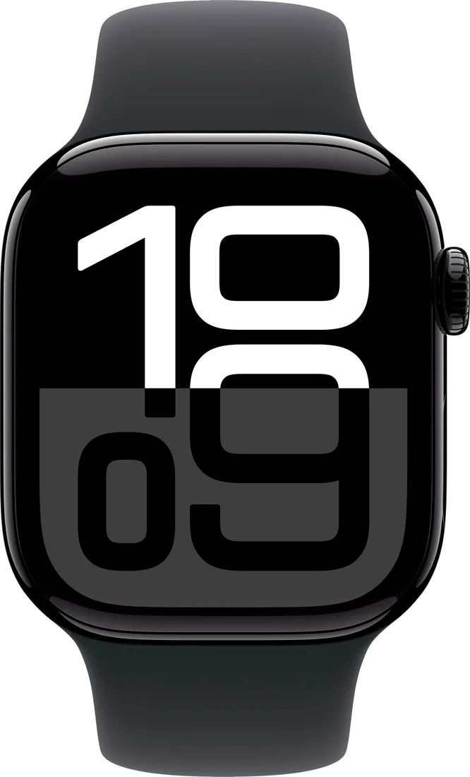 Apple Watch Series 10 46 мм (алюминиевый корпус, черный/черный, спортивный силиконовый ремешок) — изображение 2