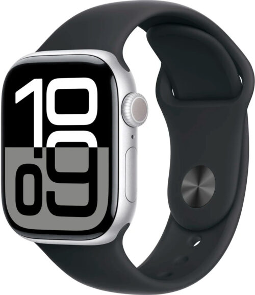 Series 10 Apple Watch Series 10 46 мм (алюминиевый корпус, серебристый/черный, спортивный силиконовый ремешок)