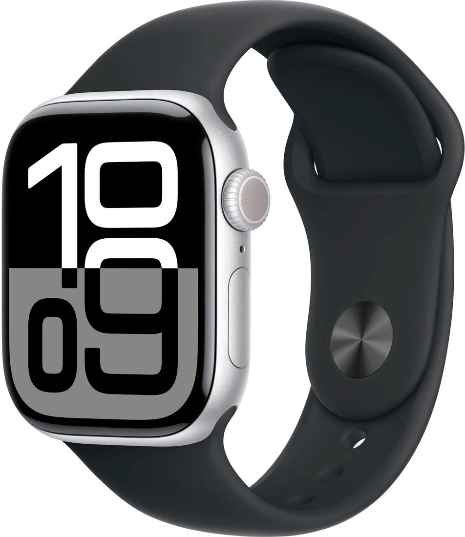 Apple Watch Series 10 46 мм (алюминиевый корпус, серебристый/черный, спортивный силиконовый ремешок)