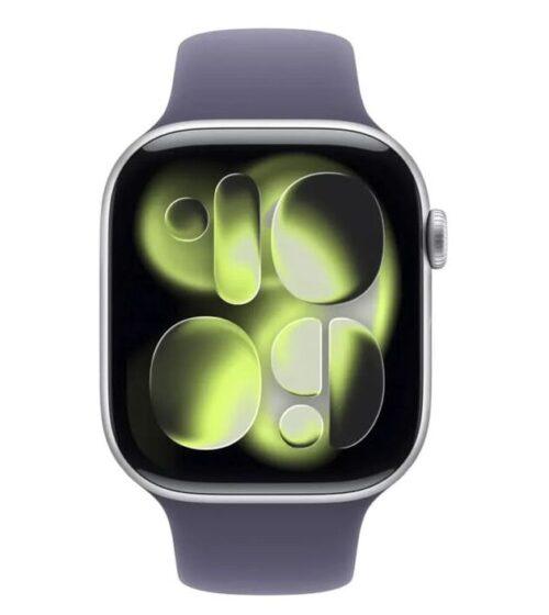 Apple Watch Series 11 42 мм (алюминиевый корпус, серебристый/«фиолетовый туман», спортивный силиконовый S/M) MEU64