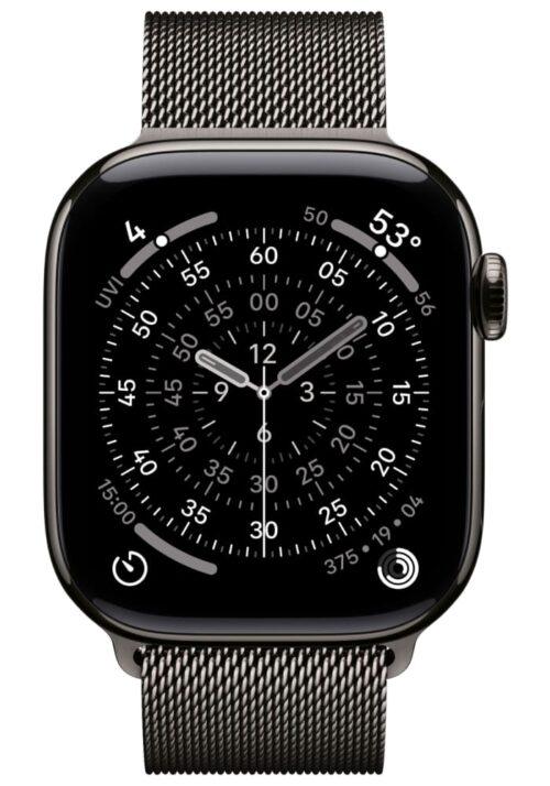 Apple Watch Series 11 46 мм (корпус из титана чёрного цвета / миланский браслет тёмно-серого цвета размер S/M) MFD34