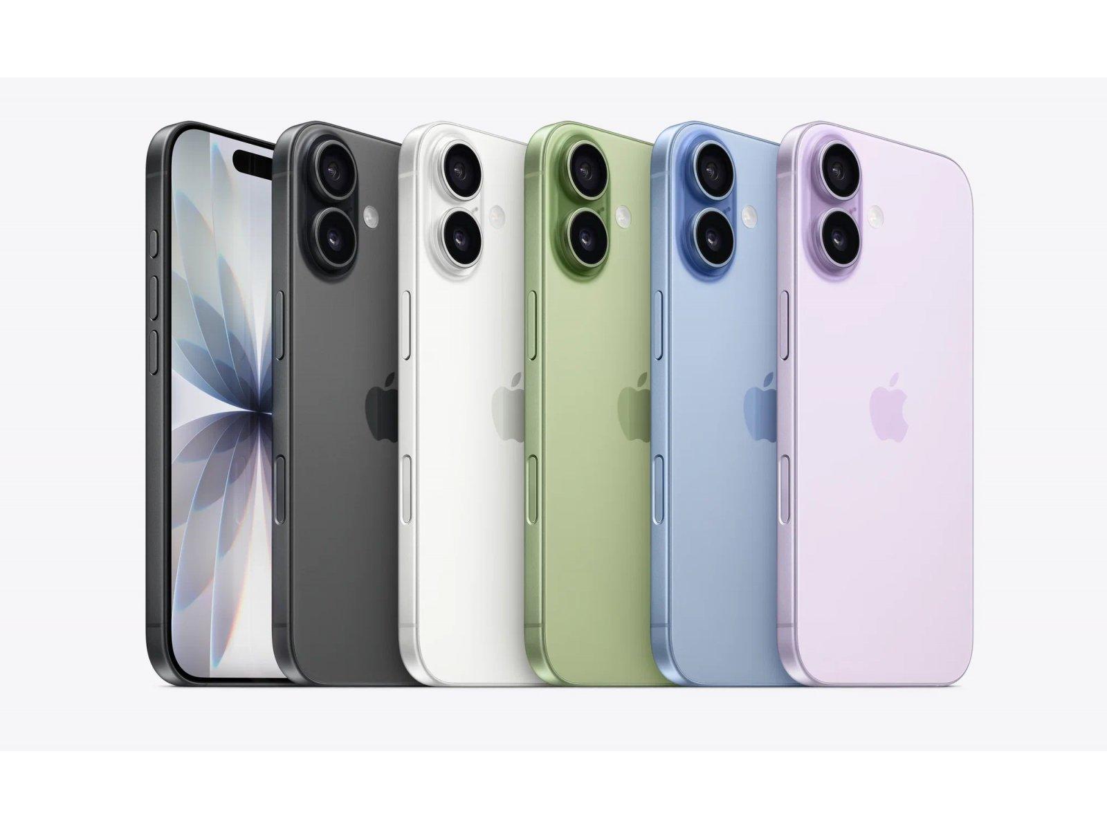 Row of iPhones in different colors (black, graphite, white, green, blue, and lilac) shown from the back with dual-camera modules spotlit side by side.