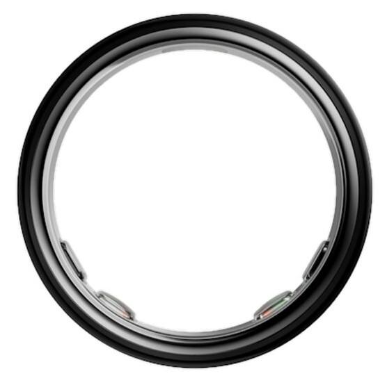 Close-up of a circular black ring with a silver inner rim; empty center against a white background.
